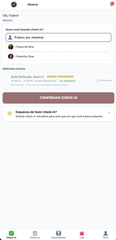 Tela do app para fazer check-in na aula